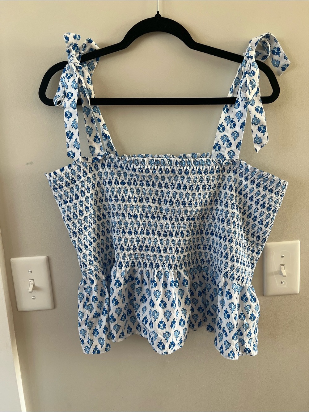 J. Crew White and Blue Floral Smocked Tie-Shoulder Camisole